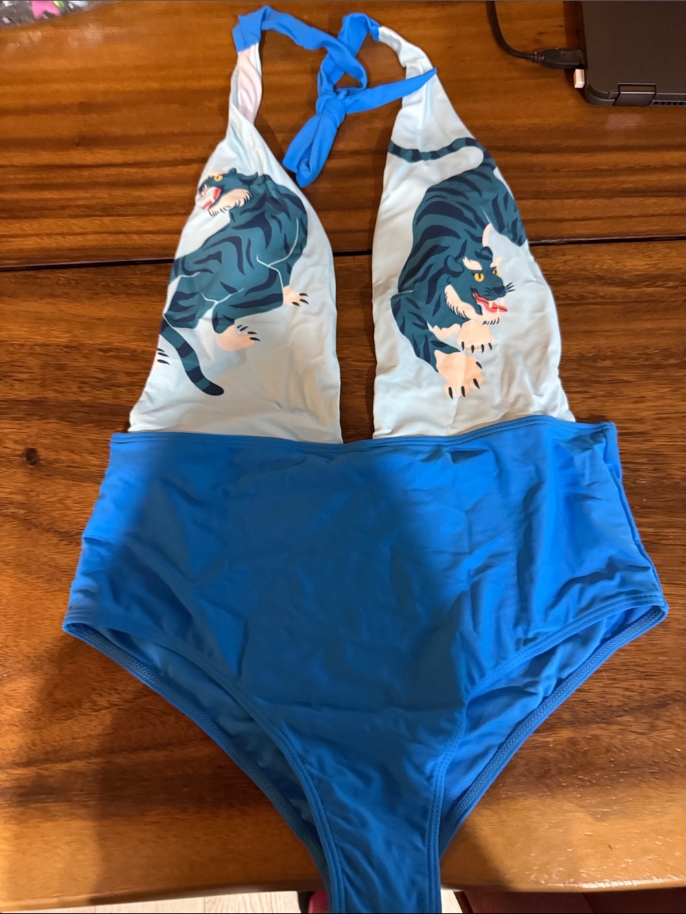 NWOT Women’s Blue One-Piece Swimsuit with Tiger Print